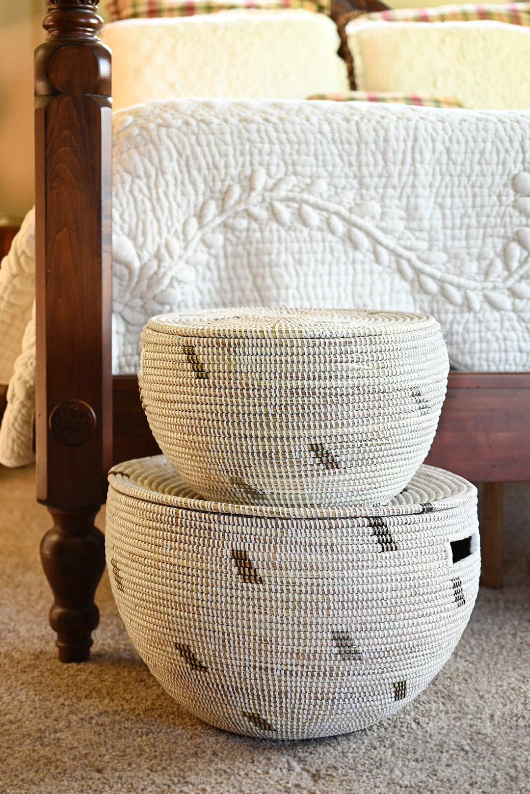 Set of Two Black, Brown and Silver Dash Nesting Baskets with Lids