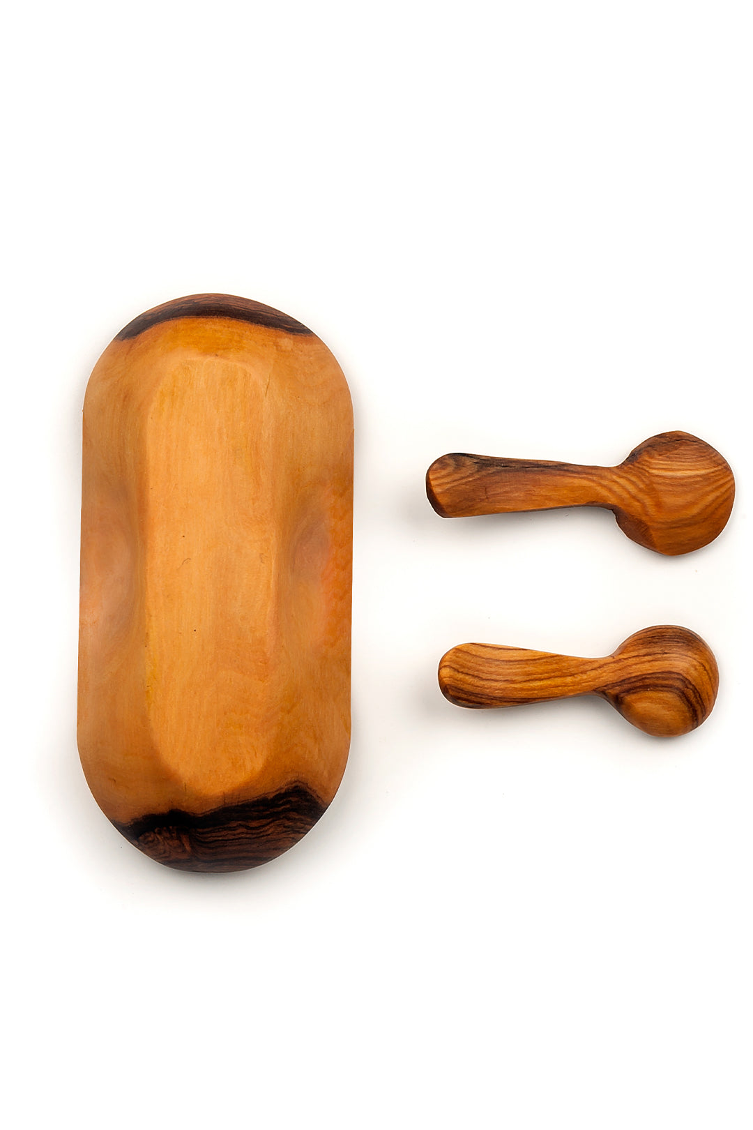 Double Wild Olive Wood Spice Bowl with Spoons