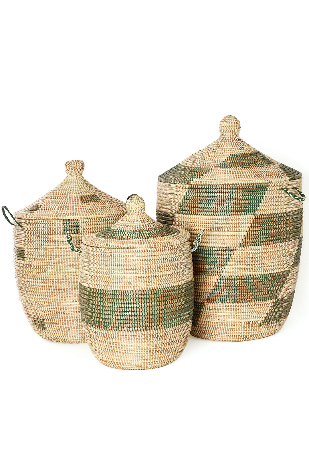Set of Three Green and Cream Mixed Pattern Hampers