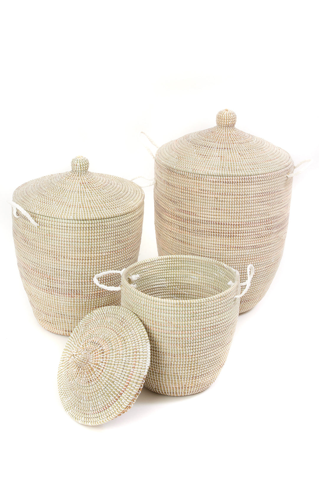 Set of Three Solid White Hampers