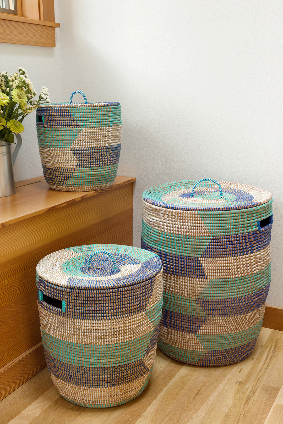 Set of Three Blue Sahara Hamper Baskets