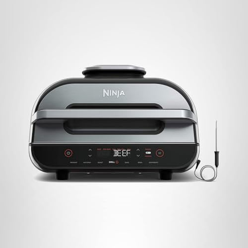 Ninja | Indoor Grill and Air Fryer| Foodi Smart XL | 6-in-1 Grill, Air Fry, Roast, Bake, Broil, Dehydrate & Crisp |Smart Thermometer & Splatter Shield | Dishwasher Safe Parts | Black/Silver | FG551