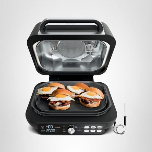 Ninja | Indoor Grill and Air Fryer| Foodi Smart XL | 6-in-1 Grill, Air Fry, Roast, Bake, Broil, Dehydrate & Crisp |Smart Thermometer & Splatter Shield | Dishwasher Safe Parts | Black/Silver | FG551