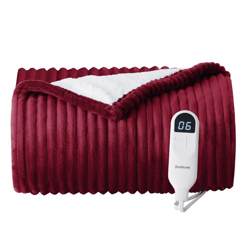 Bedsure GentleSoft Heated Blanket Electric Throw - Soft Ribbed Flannel Electric Blanket, Heating with 4 Time Settings, 6 Heat Levels, 3 hrs Timer Auto Shut Off, Gifts for Grandma (50x60 inches, Grey)