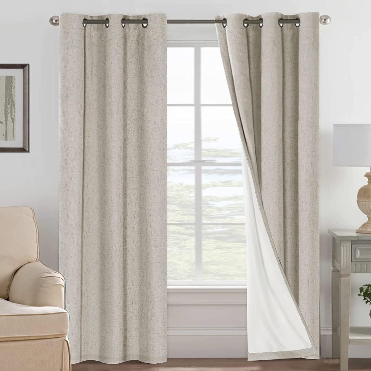 H.VERSAILTEX Linen 100% Blackout Curtains for Bedroom Full Light Blocking Curtains, Textured Window Curtain for Living Room 84 inch Grommet, Energy Efficient Curtains White Liner(2 Panels, Natural)