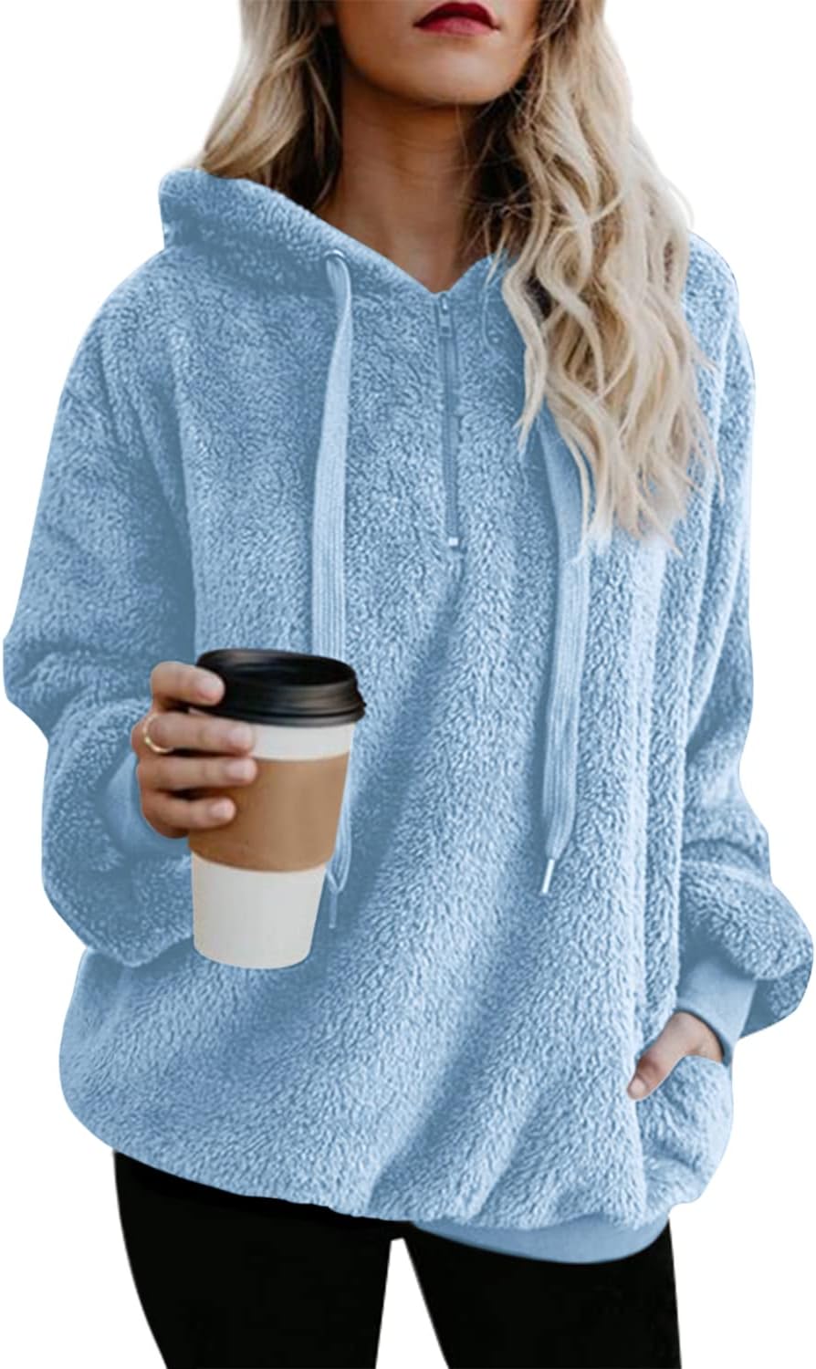 ReachMe Womens Oversized Sherpa Pullover Hoodie with Pockets Fuzzy Fleece Sweatshirt Plaid Fluffy Jacket Coat