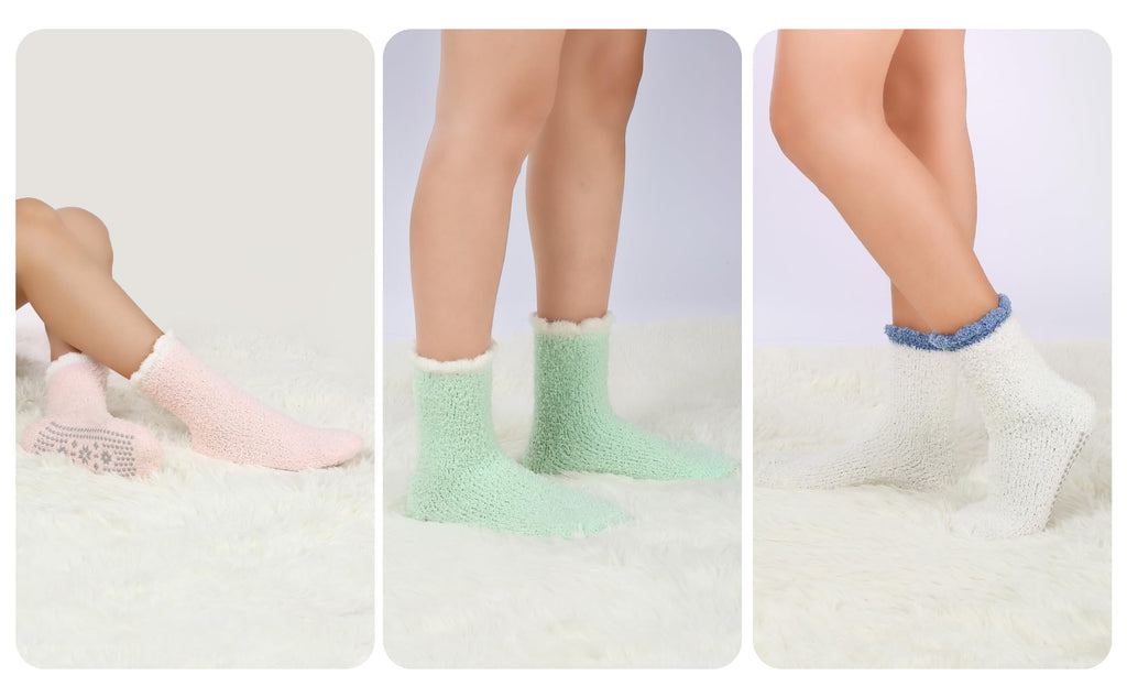 HUGSWEET 6 Pairs Thick Fuzzy Socks with Grip Cozy Non Slip Hospital Socks Home Fluffy Warm Slipper Socks Gifts for Women