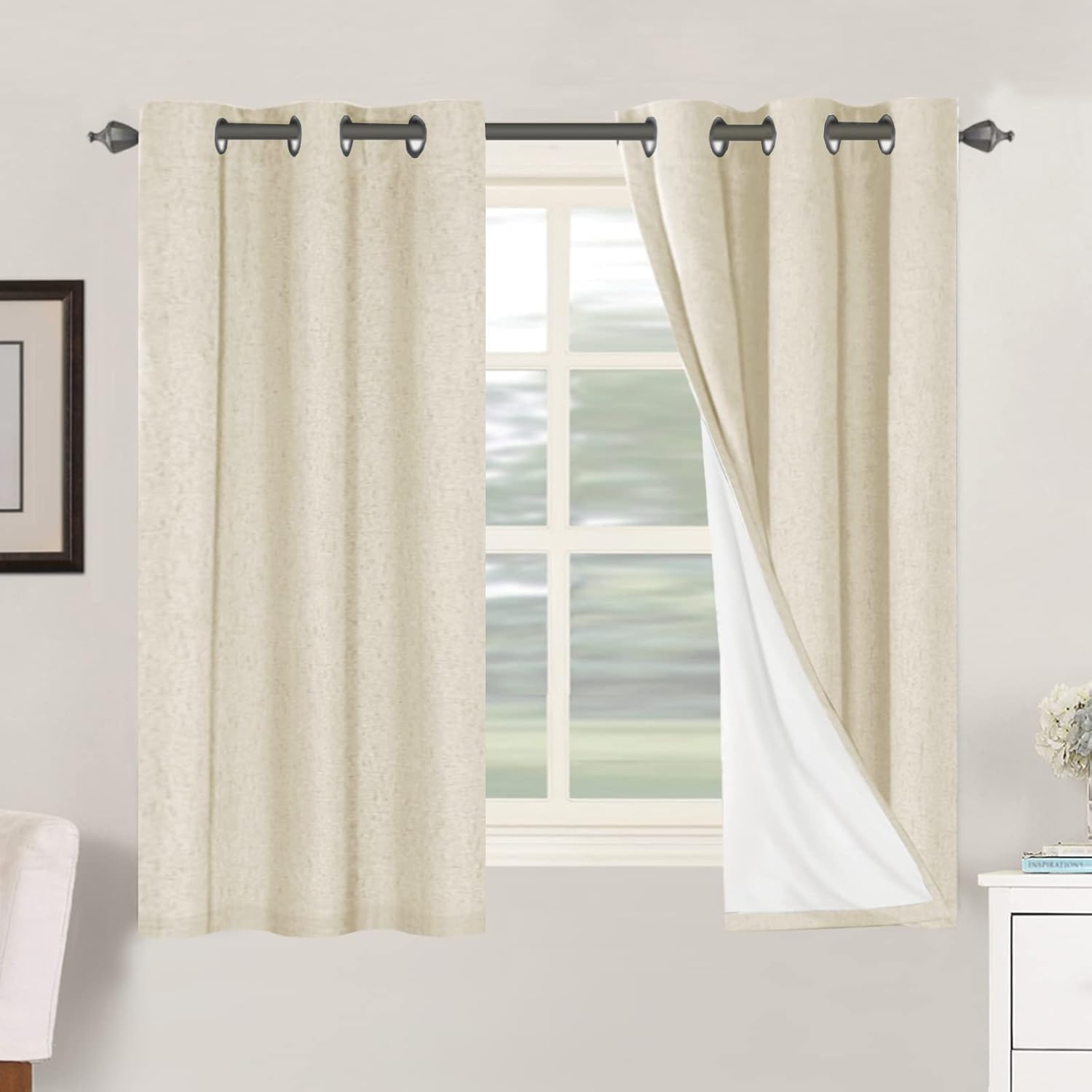 H.VERSAILTEX Linen 100% Blackout Curtains for Bedroom Full Light Blocking Curtains, Textured Window Curtain for Living Room 84 inch Grommet, Energy Efficient Curtains White Liner(2 Panels, Natural)