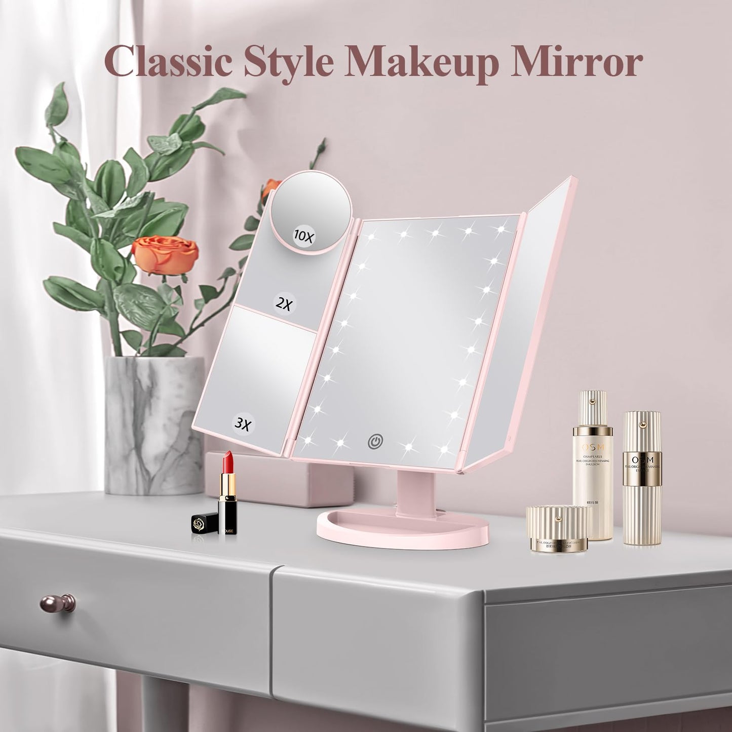 HUONUL Makeup Mirror Vanity Mirror with Lights, 2X, 3X, 10X Magnification, Touch Control, Trifold, White, 9.4" L x 13.4" W, Modern Style, Dresser Mount, Bathroom