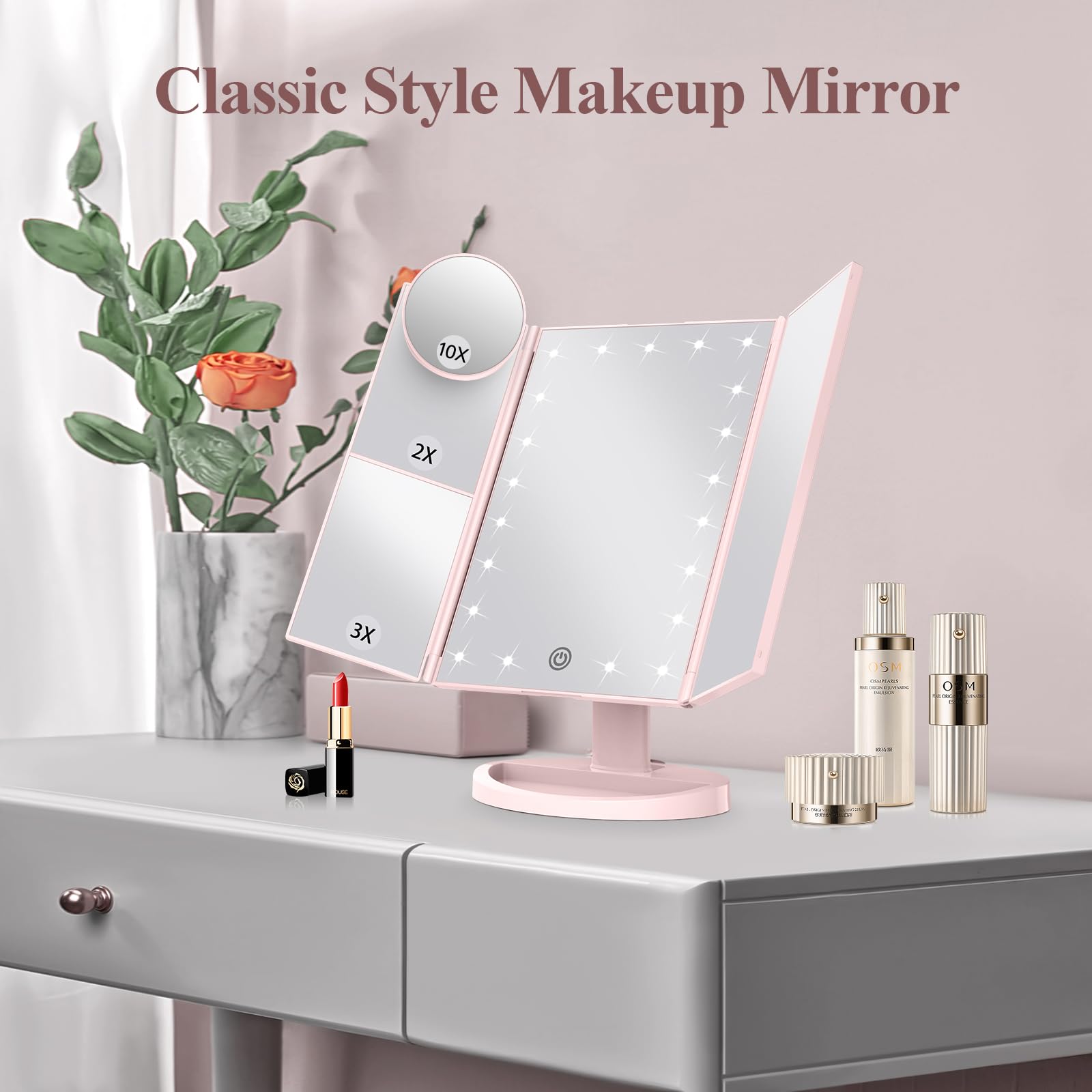 HUONUL Makeup Mirror Vanity Mirror with Lights, 2X, 3X, 10X Magnification, Touch Control, Trifold, White, 9.4" L x 13.4" W, Modern Style, Dresser Mount, Bathroom