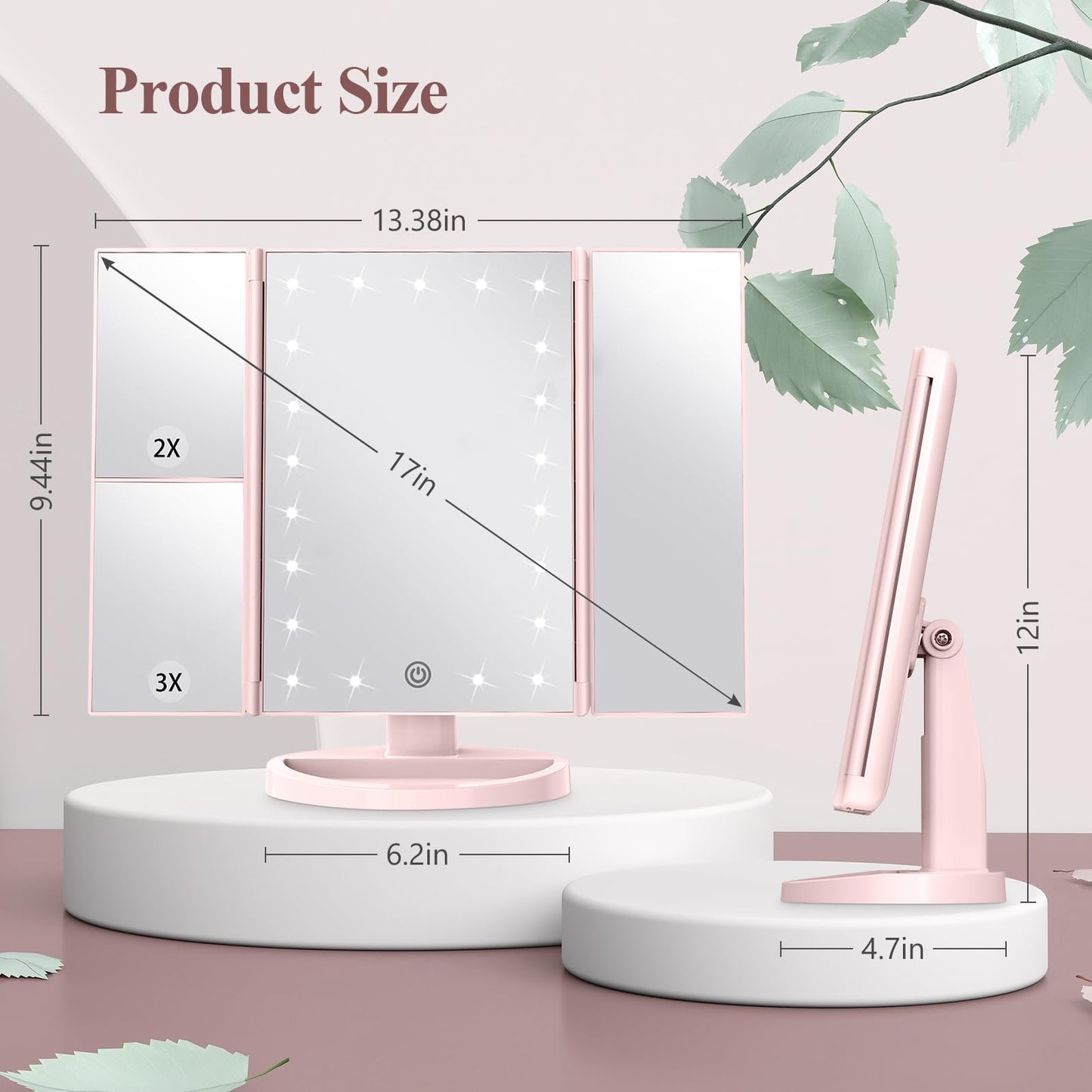 HUONUL Makeup Mirror Vanity Mirror with Lights, 2X, 3X, 10X Magnification, Touch Control, Trifold, White, 9.4" L x 13.4" W, Modern Style, Dresser Mount, Bathroom