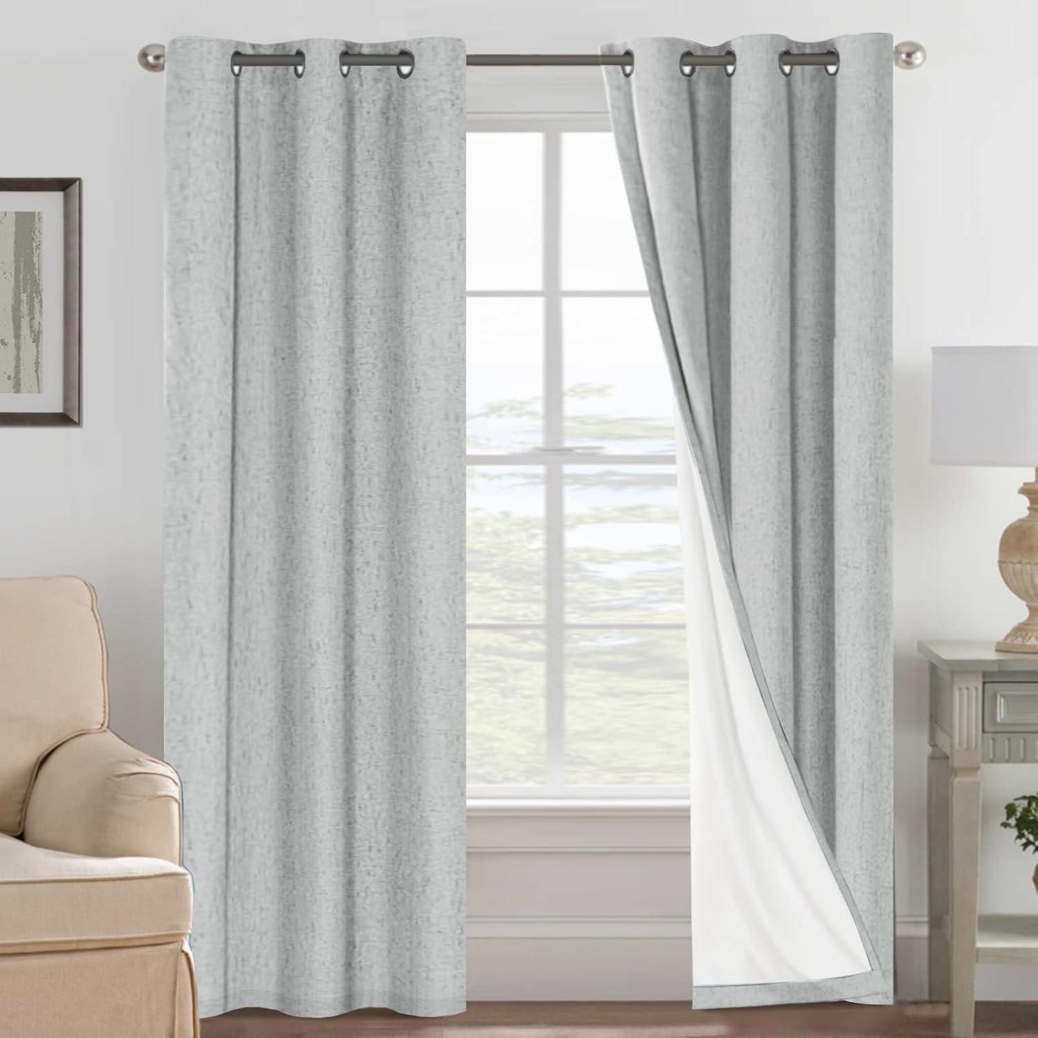 H.VERSAILTEX Linen 100% Blackout Curtains for Bedroom Full Light Blocking Curtains, Textured Window Curtain for Living Room 84 inch Grommet, Energy Efficient Curtains White Liner(2 Panels, Natural)