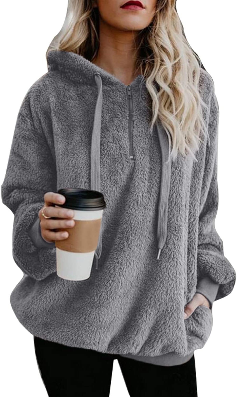 ReachMe Womens Oversized Sherpa Pullover Hoodie with Pockets Fuzzy Fleece Sweatshirt Plaid Fluffy Jacket Coat