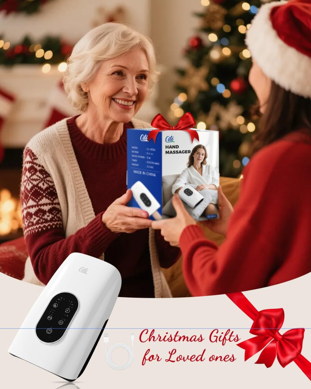 CILI Larger Size Hand Massager with Heat and Compression, Finger, Palm, Wrist and Hand Massager for Arthritis and Carpal Tunnel Relief, USB-C Rechargeable, Gift for Mom/Women, White