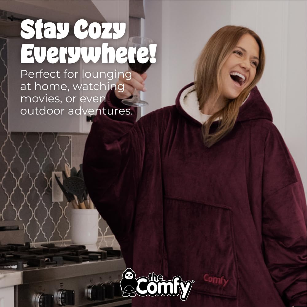 THE COMFY Original | Sherpa Lined Microfiber Fleece Wearable Blanket, Oversized Design with Hood and Pocket from Shark Tank