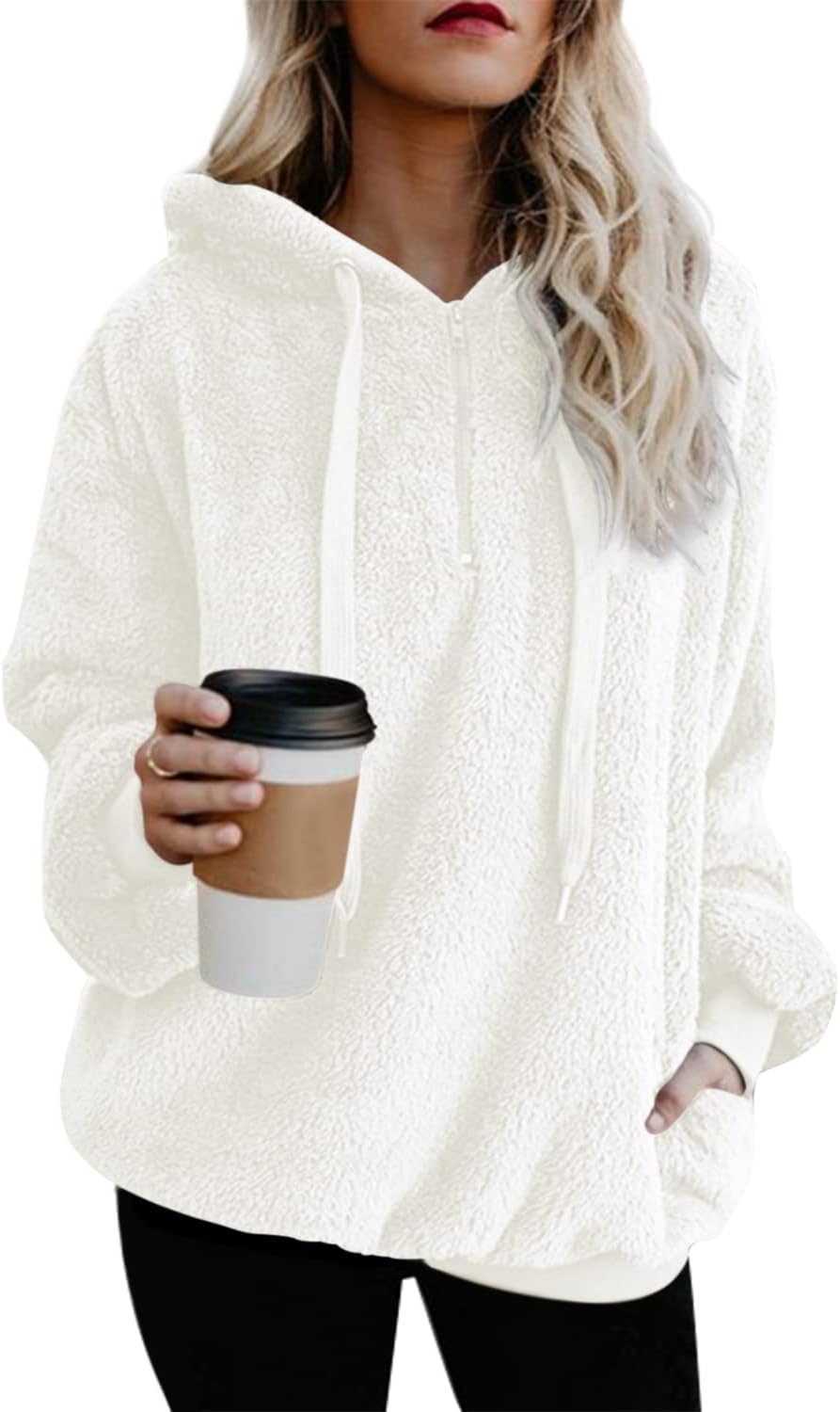 ReachMe Womens Oversized Sherpa Pullover Hoodie with Pockets Fuzzy Fleece Sweatshirt Plaid Fluffy Jacket Coat