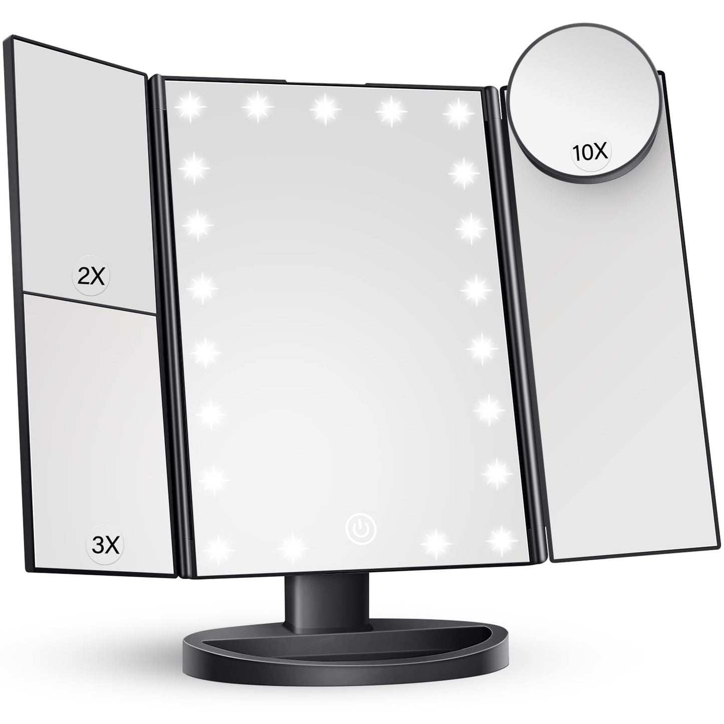 HUONUL Makeup Mirror Vanity Mirror with Lights, 2X, 3X, 10X Magnification, Touch Control, Trifold, White, 9.4" L x 13.4" W, Modern Style, Dresser Mount, Bathroom