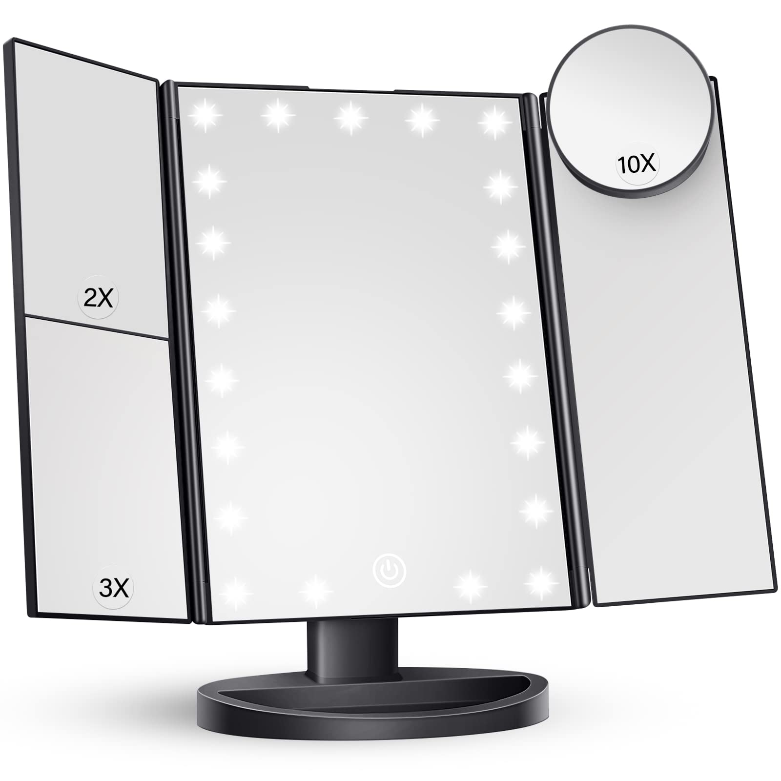 HUONUL Makeup Mirror Vanity Mirror with Lights, 2X, 3X, 10X Magnification, Touch Control, Trifold, White, 9.4" L x 13.4" W, Modern Style, Dresser Mount, Bathroom