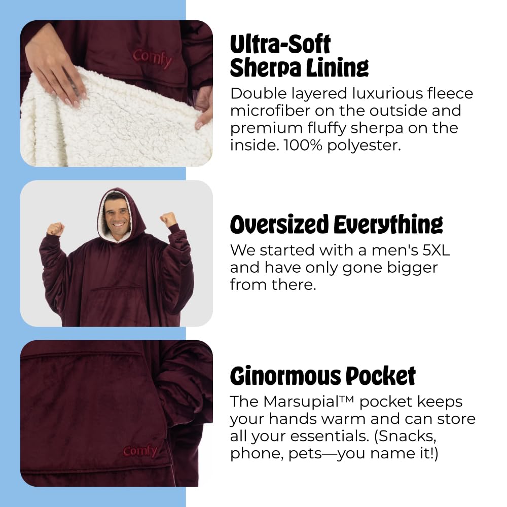 THE COMFY Original | Sherpa Lined Microfiber Fleece Wearable Blanket, Oversized Design with Hood and Pocket from Shark Tank