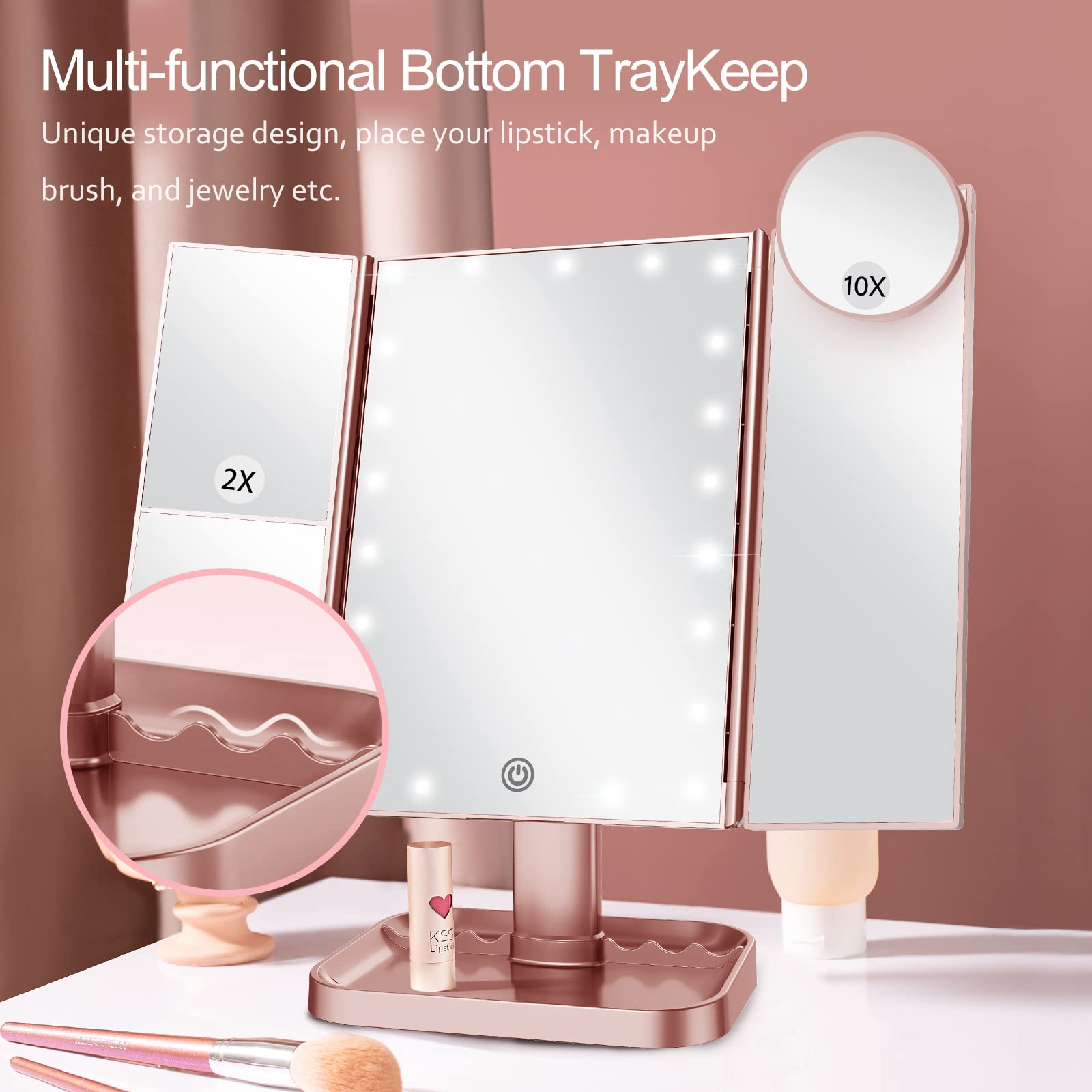 HUONUL Makeup Mirror Vanity Mirror with Lights, 2X, 3X, 10X Magnification, Touch Control, Trifold, White, 9.4" L x 13.4" W, Modern Style, Dresser Mount, Bathroom