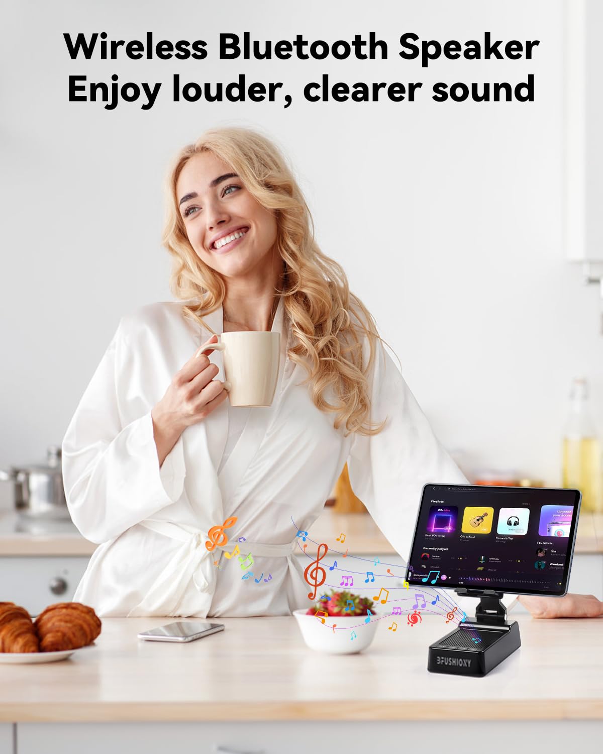 Gifts for Men Women - Cell Phone Stand with Bluetooth Speaker, Phone Holder with Charger (5000mAh), HD Surround Sound for Desk, Stocking Stuffers White Elephant Gift for Adults