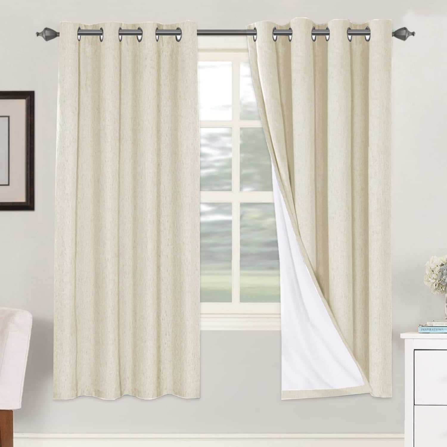H.VERSAILTEX Linen 100% Blackout Curtains for Bedroom Full Light Blocking Curtains, Textured Window Curtain for Living Room 84 inch Grommet, Energy Efficient Curtains White Liner(2 Panels, Natural)