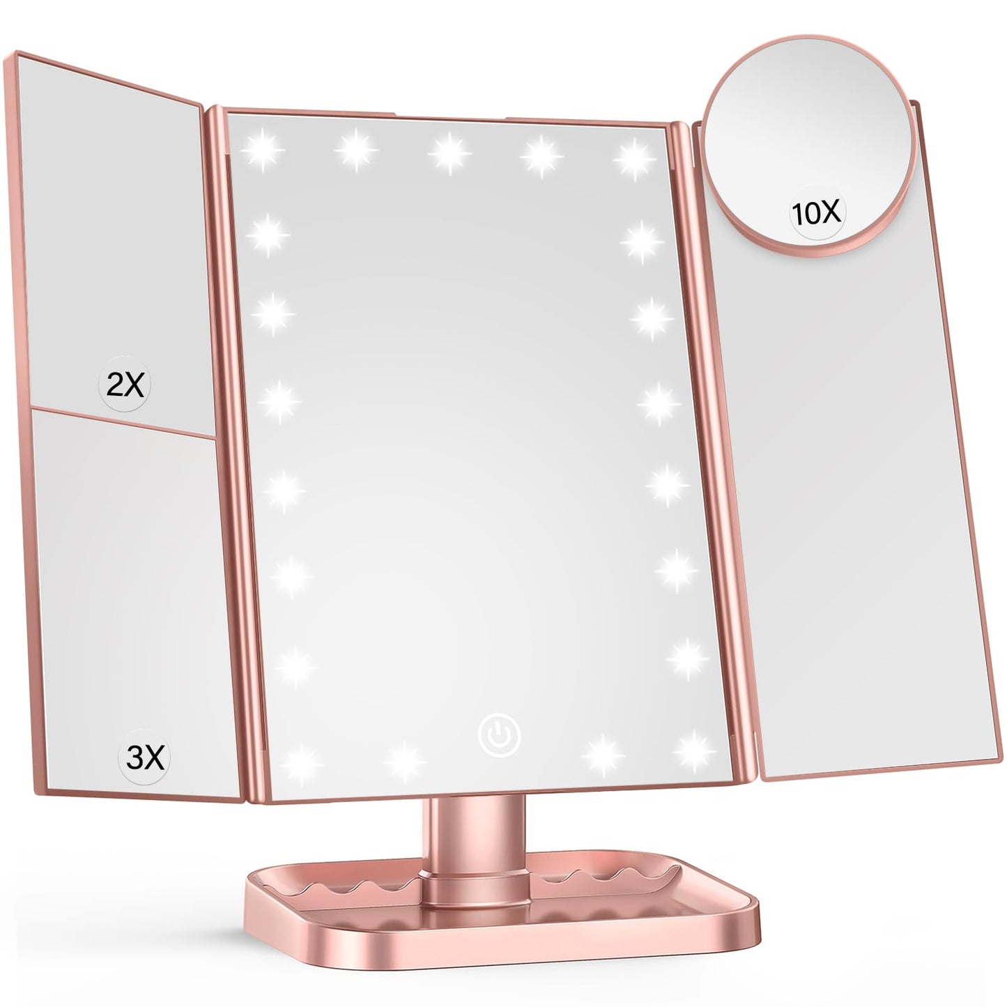 HUONUL Makeup Mirror Vanity Mirror with Lights, 2X, 3X, 10X Magnification, Touch Control, Trifold, White, 9.4" L x 13.4" W, Modern Style, Dresser Mount, Bathroom