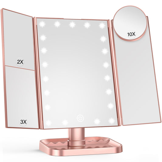 HUONUL Makeup Mirror Vanity Mirror with Lights, 2X, 3X, 10X Magnification, Touch Control, Trifold, White, 9.4" L x 13.4" W, Modern Style, Dresser Mount, Bathroom