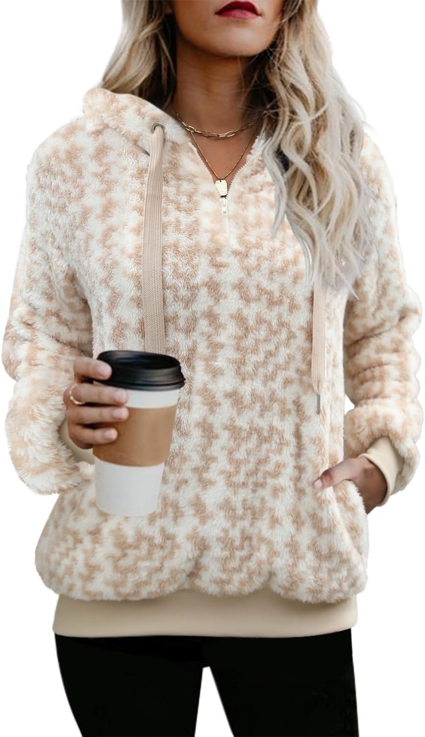 ReachMe Womens Oversized Sherpa Pullover Hoodie with Pockets Fuzzy Fleece Sweatshirt Plaid Fluffy Jacket Coat