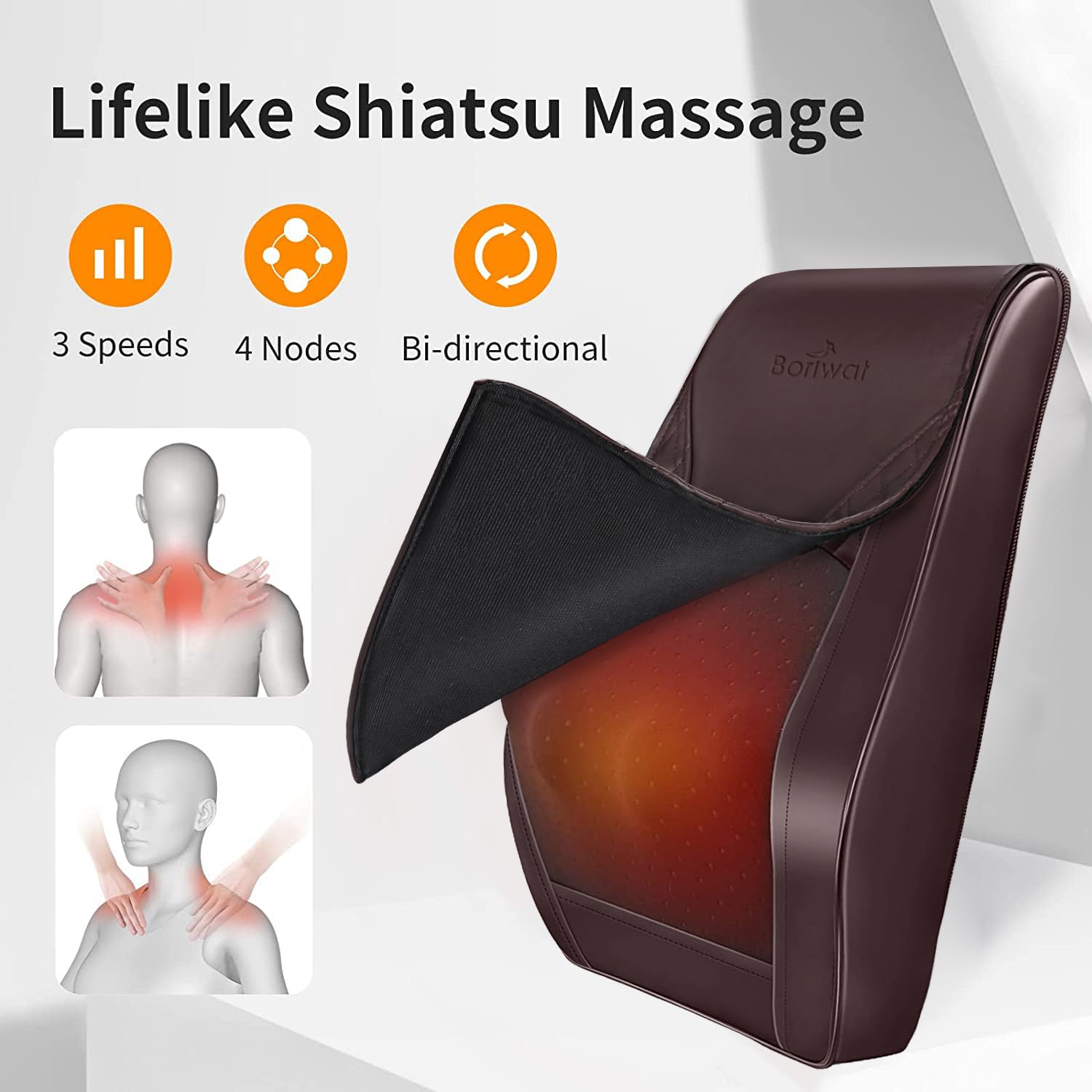 Boriwat Back Massager with Heat, 3D Kneading Massage Pillow for Back, Neck, Shoulder, Leg Pain Relief Deep Tissue, Gifts for Women Men Mom Dad