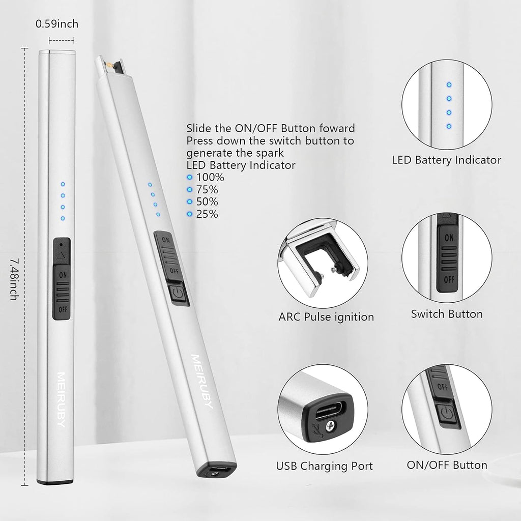 MEIRUBY Electric Candle Lighter, Christmas Stocking Stuffers Gifts for Women Mom Men Wife Sister, USB Arc Rechargeable Windproof Long Lighter for Candle BBQ Housewarming Birthday Gifts Idals