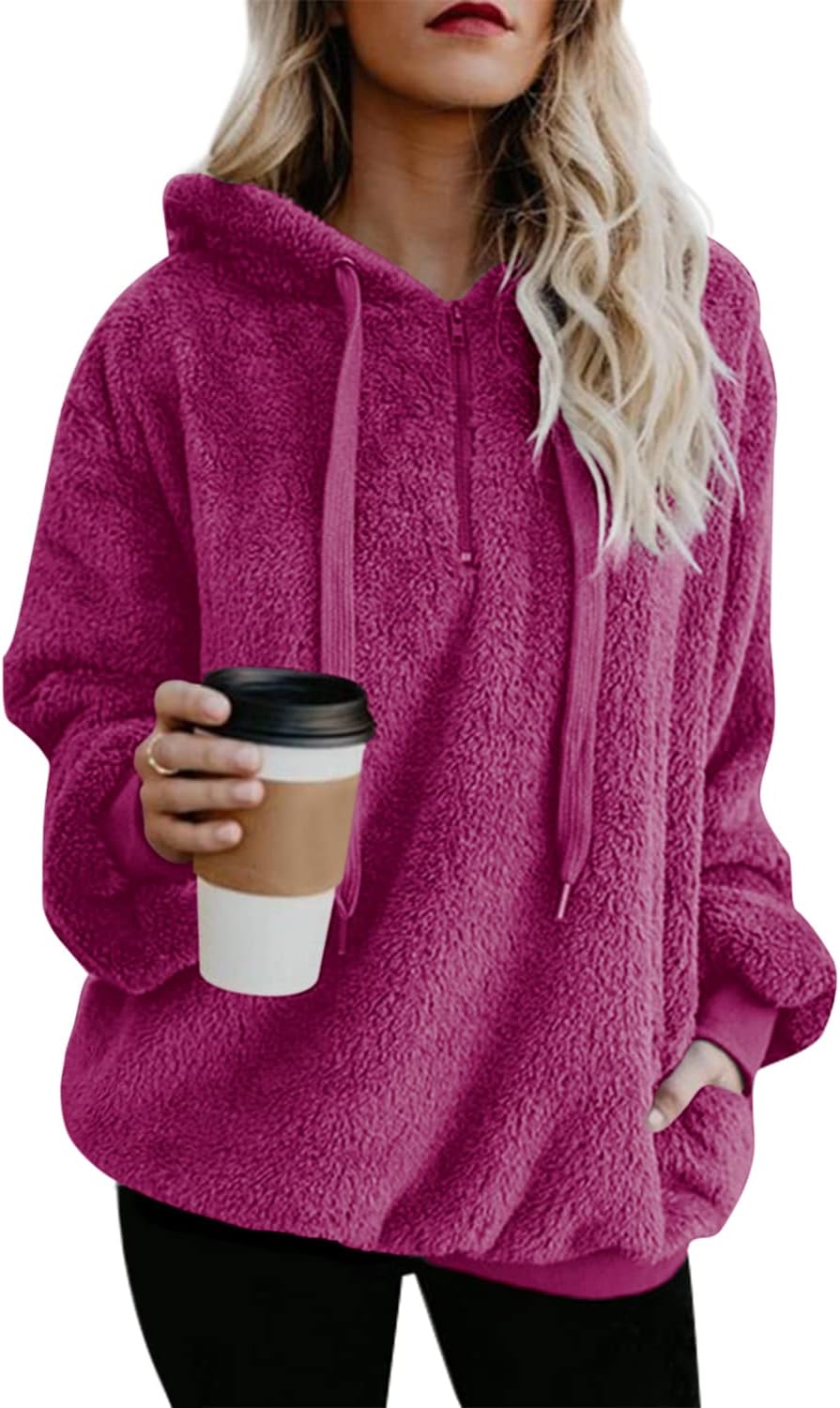 ReachMe Womens Oversized Sherpa Pullover Hoodie with Pockets Fuzzy Fleece Sweatshirt Plaid Fluffy Jacket Coat