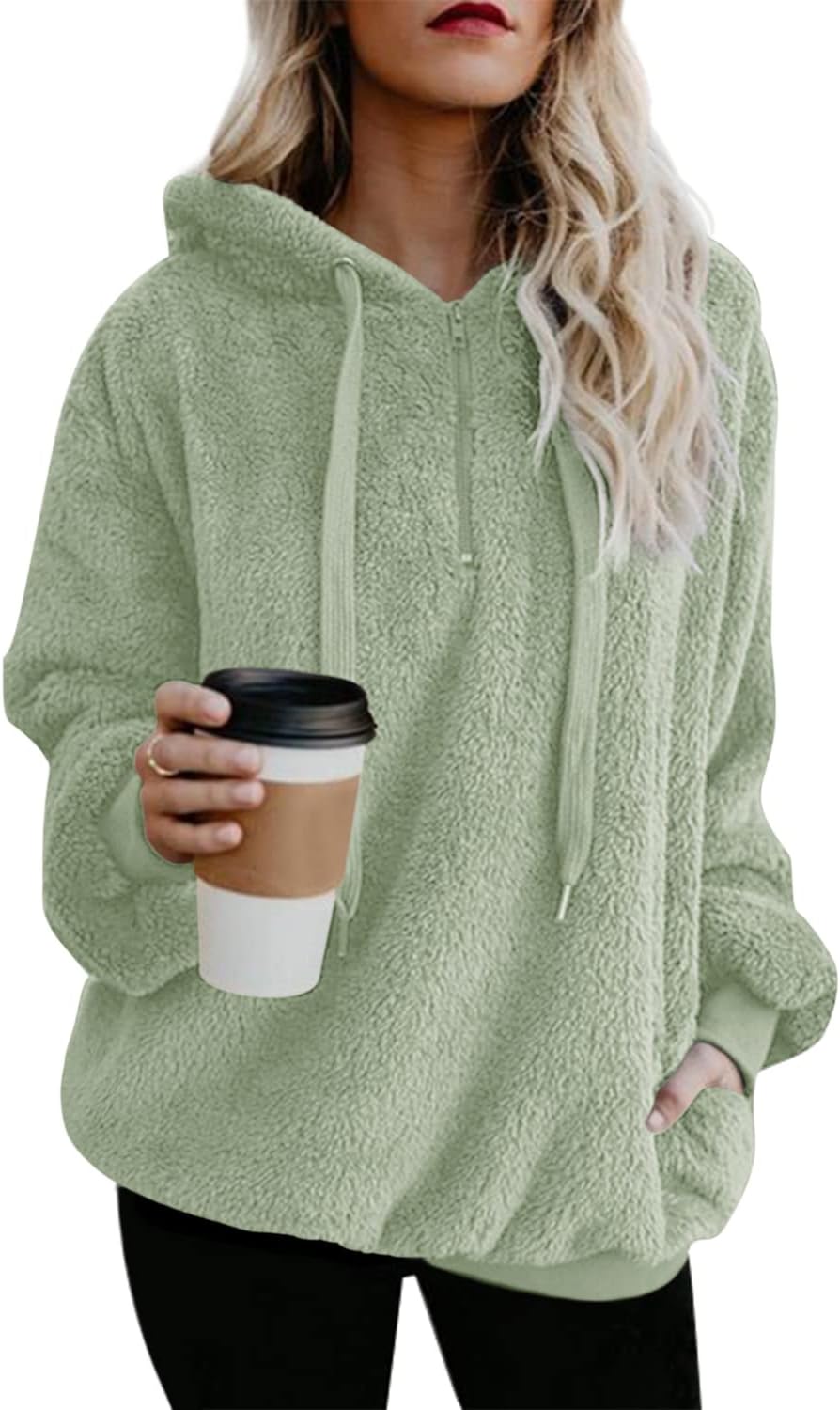 ReachMe Womens Oversized Sherpa Pullover Hoodie with Pockets Fuzzy Fleece Sweatshirt Plaid Fluffy Jacket Coat