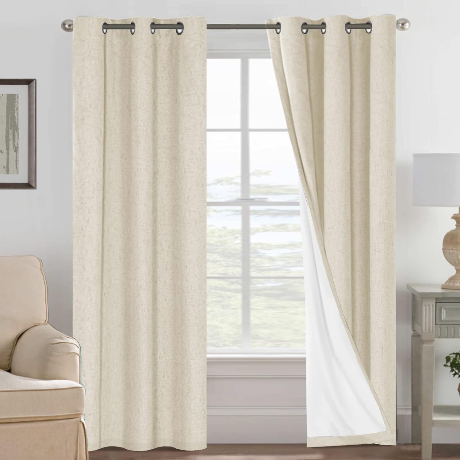 H.VERSAILTEX Linen 100% Blackout Curtains for Bedroom Full Light Blocking Curtains, Textured Window Curtain for Living Room 84 inch Grommet, Energy Efficient Curtains White Liner(2 Panels, Natural)