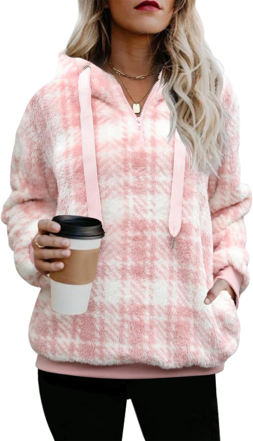 ReachMe Womens Oversized Sherpa Pullover Hoodie with Pockets Fuzzy Fleece Sweatshirt Plaid Fluffy Jacket Coat