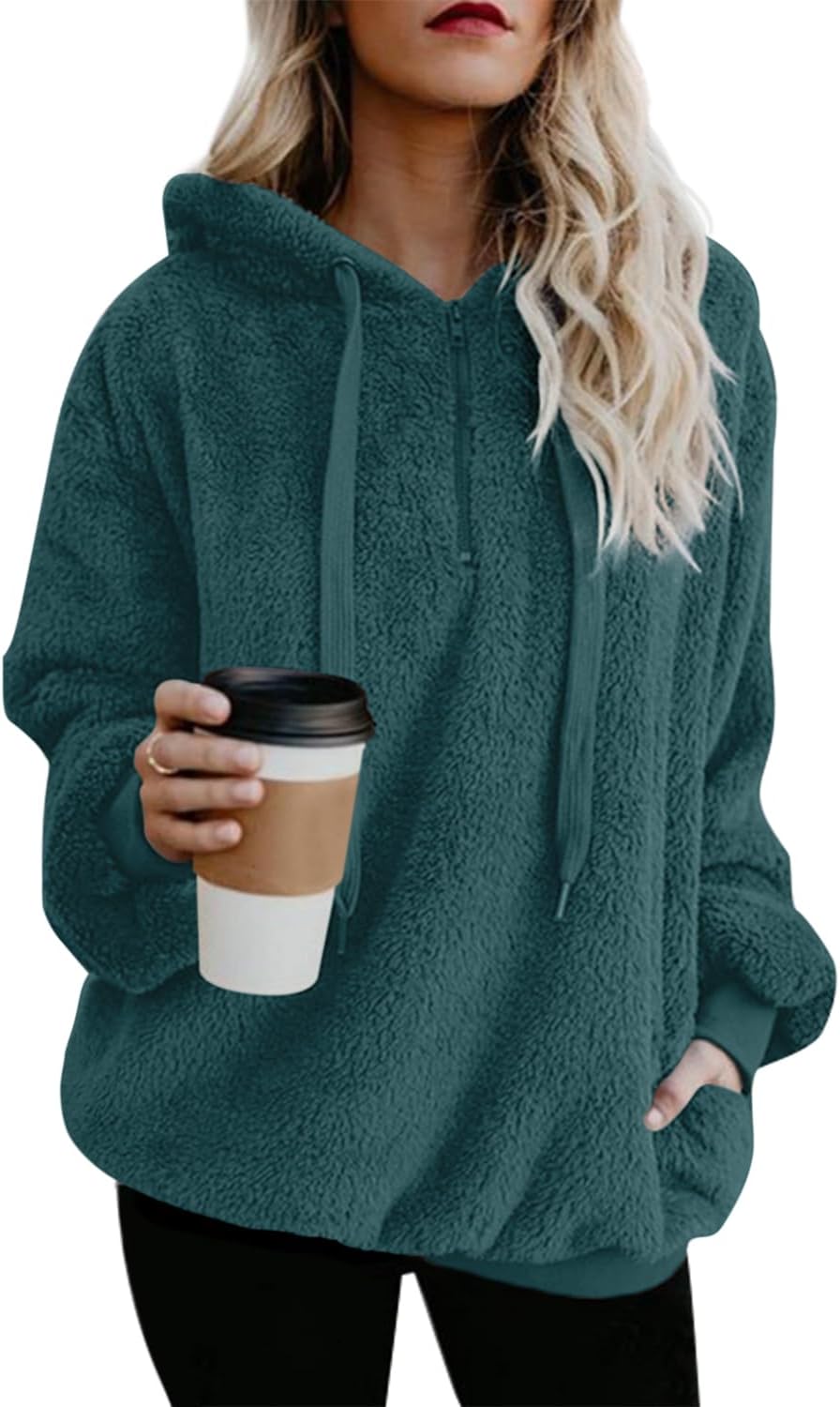 ReachMe Womens Oversized Sherpa Pullover Hoodie with Pockets Fuzzy Fleece Sweatshirt Plaid Fluffy Jacket Coat