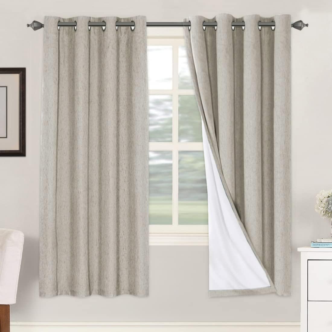 H.VERSAILTEX Linen 100% Blackout Curtains for Bedroom Full Light Blocking Curtains, Textured Window Curtain for Living Room 84 inch Grommet, Energy Efficient Curtains White Liner(2 Panels, Natural)