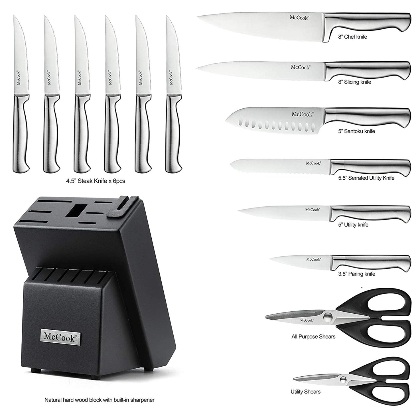 McCook® Knife Sets, German Stainless Steel Kitchen Knife Block Sets with Built-in Sharpener