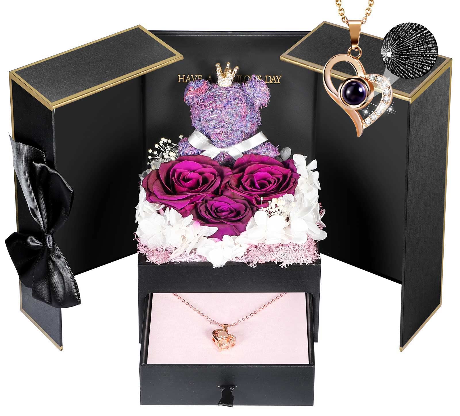 ADDWel Rose Gifts for Women Birthday Christmas - Preserved Real Roses Forever Red Flowers with I Love You in 100 Languages Necklace and Cute Moss Bear for Girlfriend Wife Mom Grandma