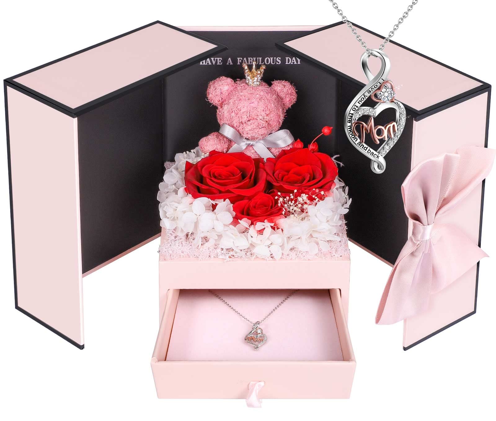 ADDWel Rose Gifts for Women Birthday Christmas - Preserved Real Roses Forever Red Flowers with I Love You in 100 Languages Necklace and Cute Moss Bear for Girlfriend Wife Mom Grandma