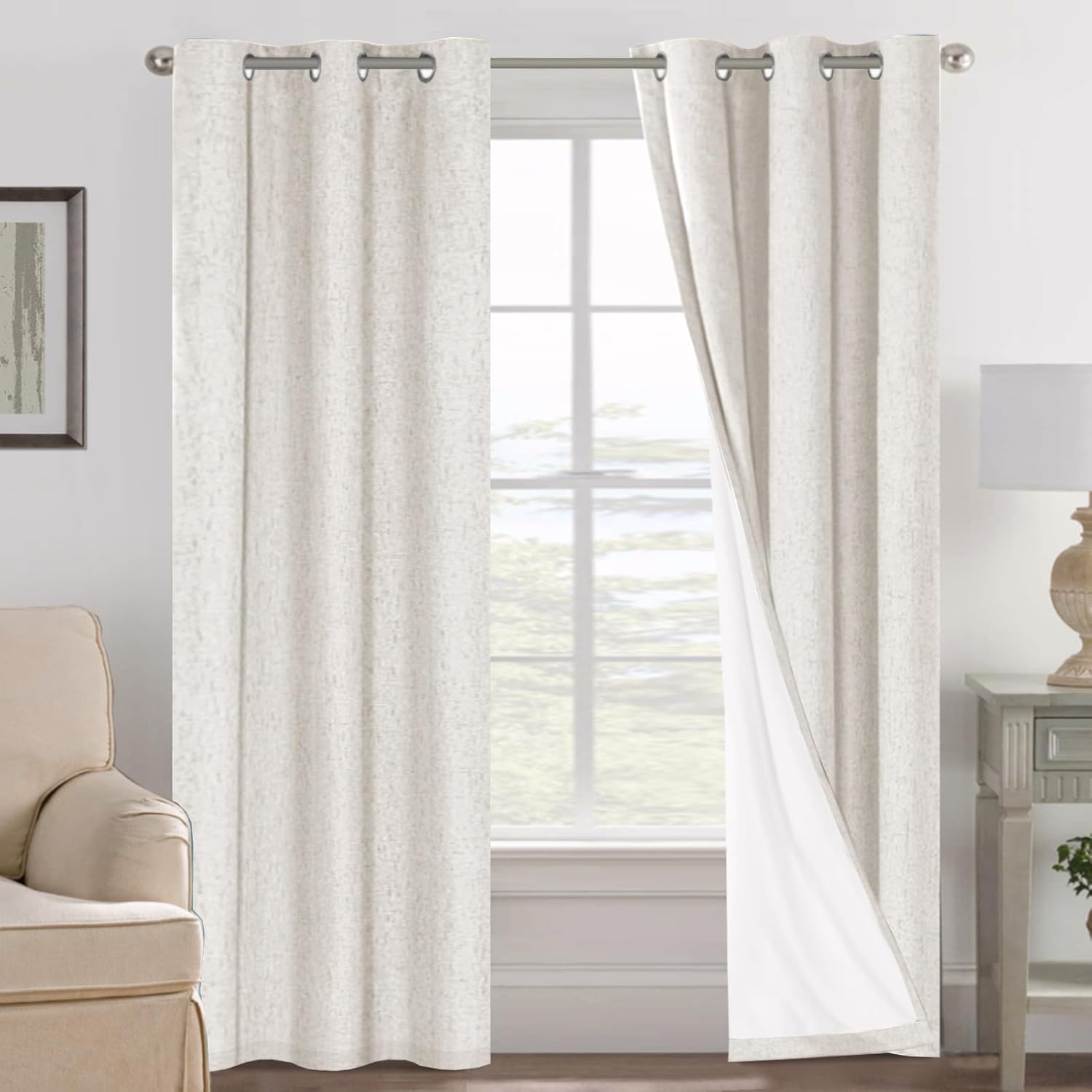 H.VERSAILTEX Linen 100% Blackout Curtains for Bedroom Full Light Blocking Curtains, Textured Window Curtain for Living Room 84 inch Grommet, Energy Efficient Curtains White Liner(2 Panels, Natural)