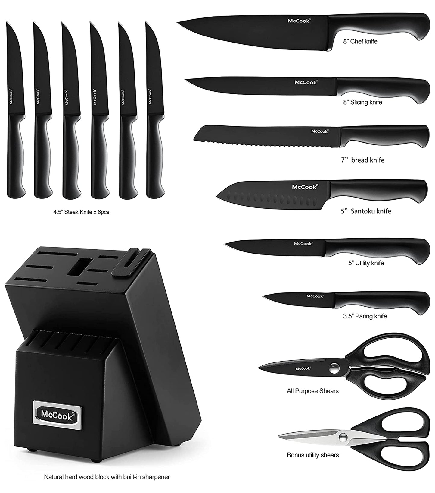 McCook® Knife Sets, German Stainless Steel Kitchen Knife Block Sets with Built-in Sharpener