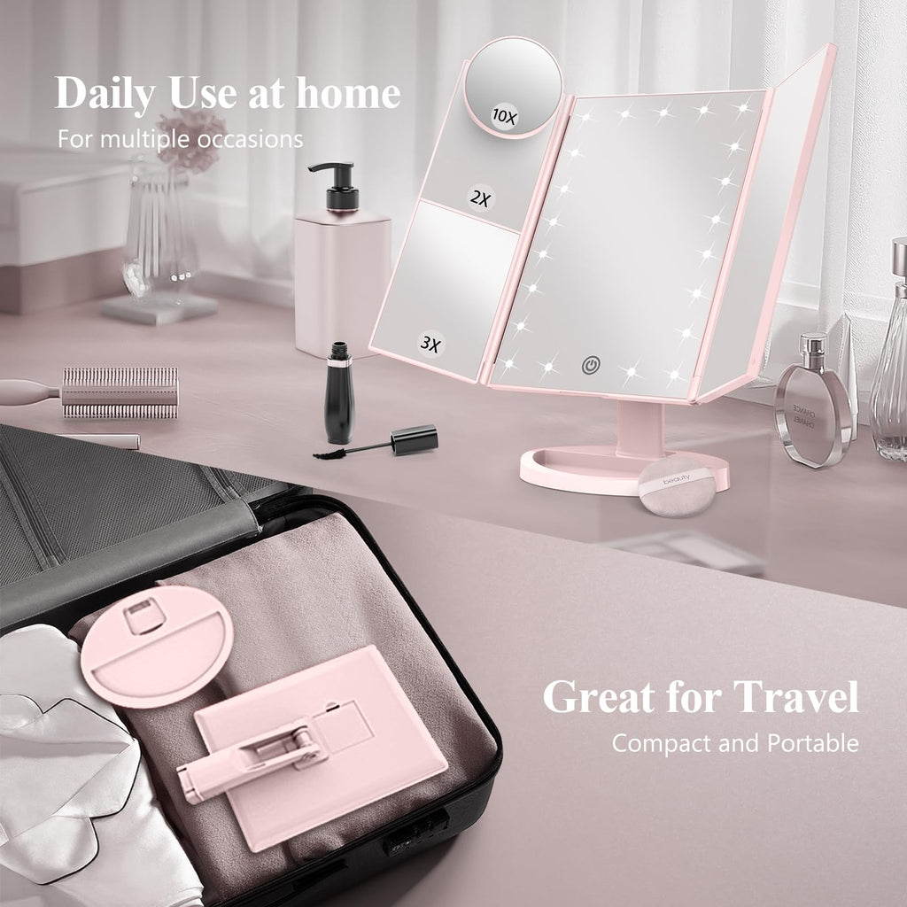HUONUL Makeup Mirror Vanity Mirror with Lights, 2X, 3X, 10X Magnification, Touch Control, Trifold, White, 9.4" L x 13.4" W, Modern Style, Dresser Mount, Bathroom