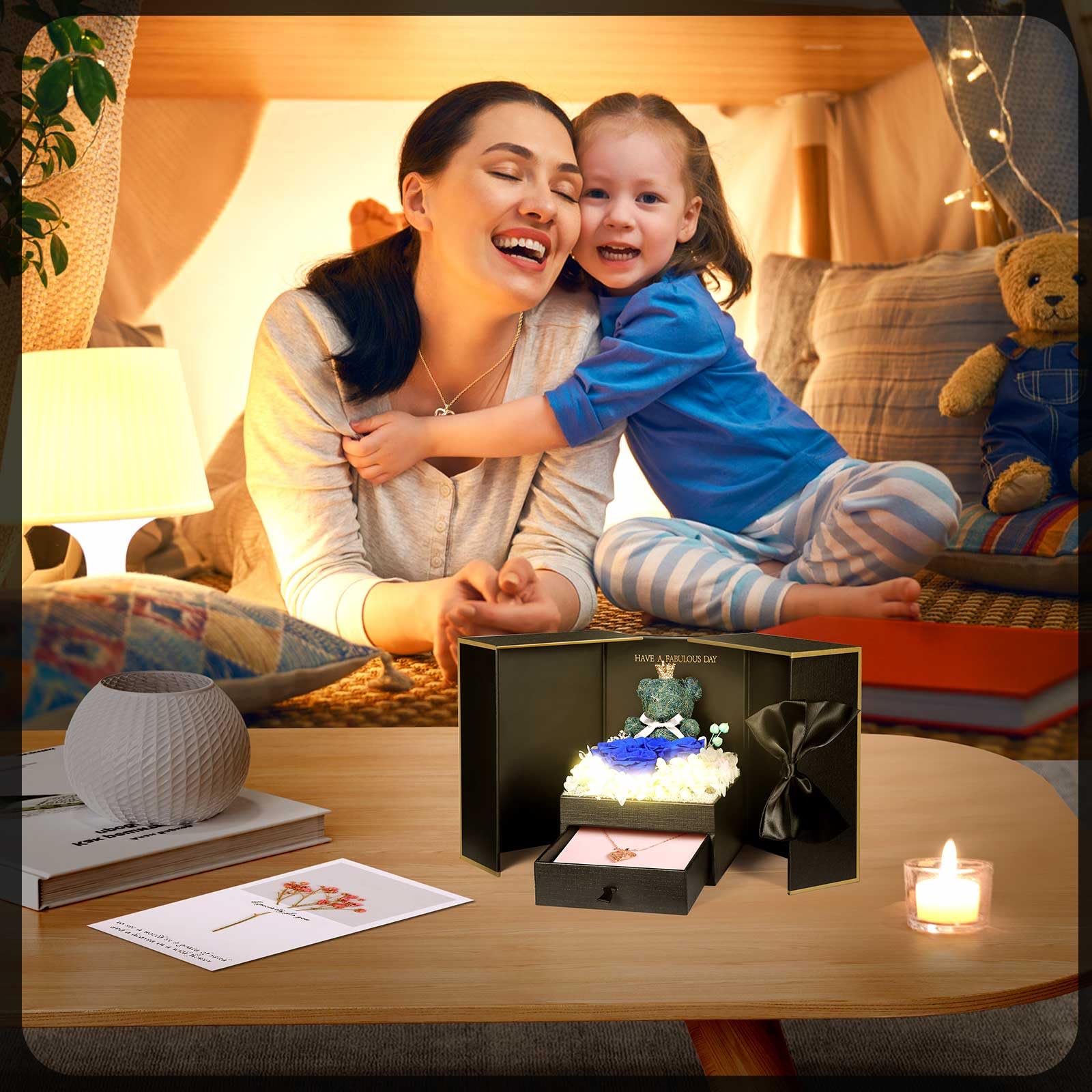 ADDWel Rose Gifts for Women Birthday Christmas - Preserved Real Roses Forever Red Flowers with I Love You in 100 Languages Necklace and Cute Moss Bear for Girlfriend Wife Mom Grandma