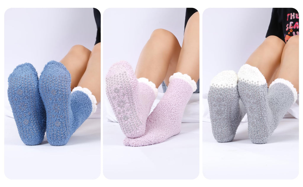 HUGSWEET 6 Pairs Thick Fuzzy Socks with Grip Cozy Non Slip Hospital Socks Home Fluffy Warm Slipper Socks Gifts for Women