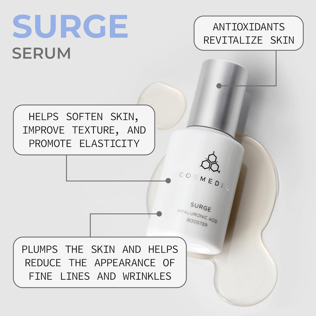 COSMEDIX Surge Hyaluronic Acid Booster for Face - Ultra Hydrating Face Serum with Vitamin C & Niacinamide Softens, Brightens & Moisturizes Skin - Facial Skin Care Product for Fine Lines & Wrinkles