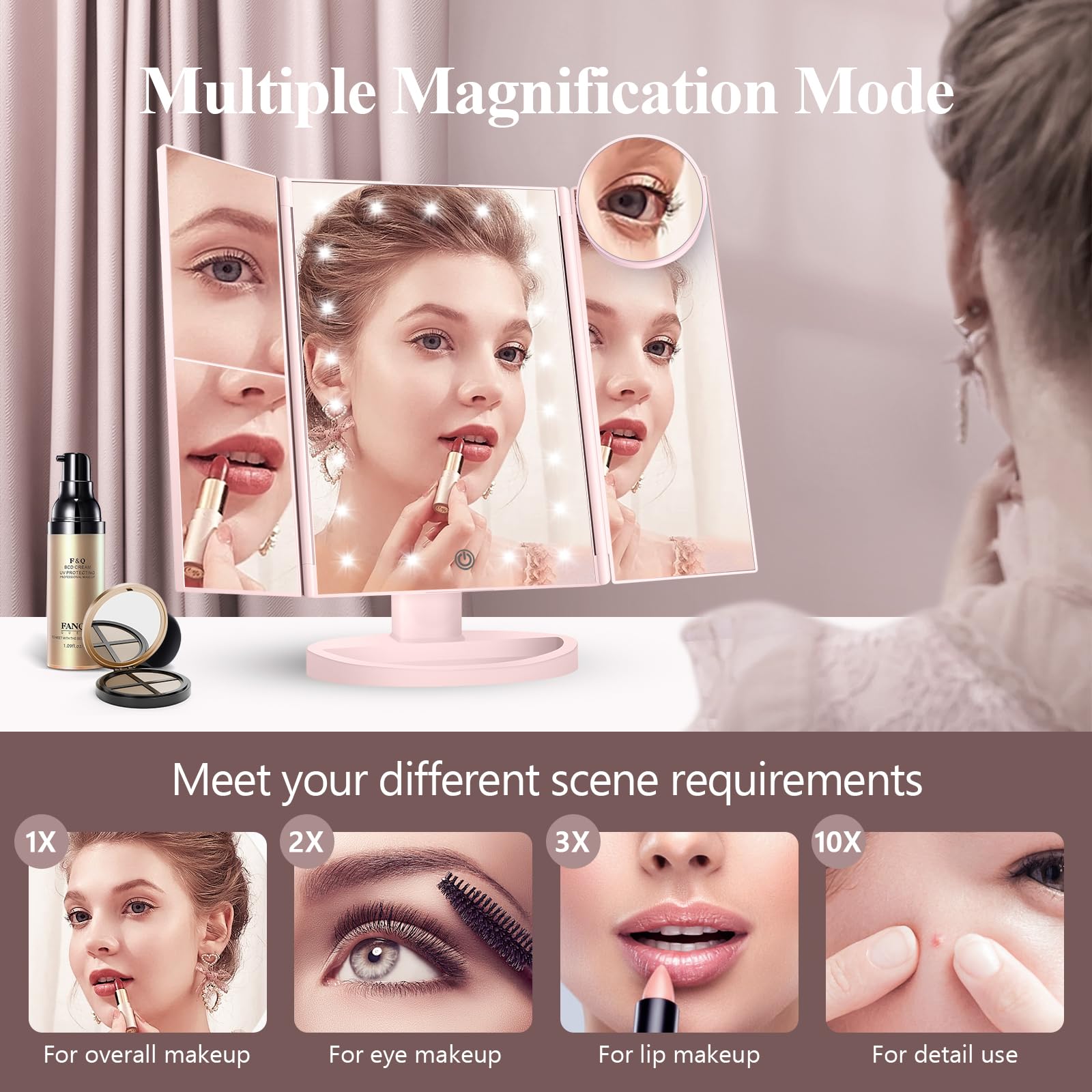 HUONUL Makeup Mirror Vanity Mirror with Lights, 2X, 3X, 10X Magnification, Touch Control, Trifold, White, 9.4" L x 13.4" W, Modern Style, Dresser Mount, Bathroom