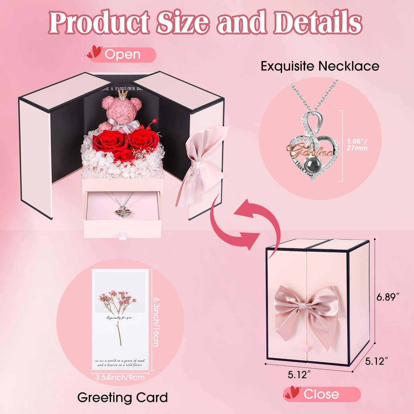 ADDWel Rose Gifts for Women Birthday Christmas - Preserved Real Roses Forever Red Flowers with I Love You in 100 Languages Necklace and Cute Moss Bear for Girlfriend Wife Mom Grandma