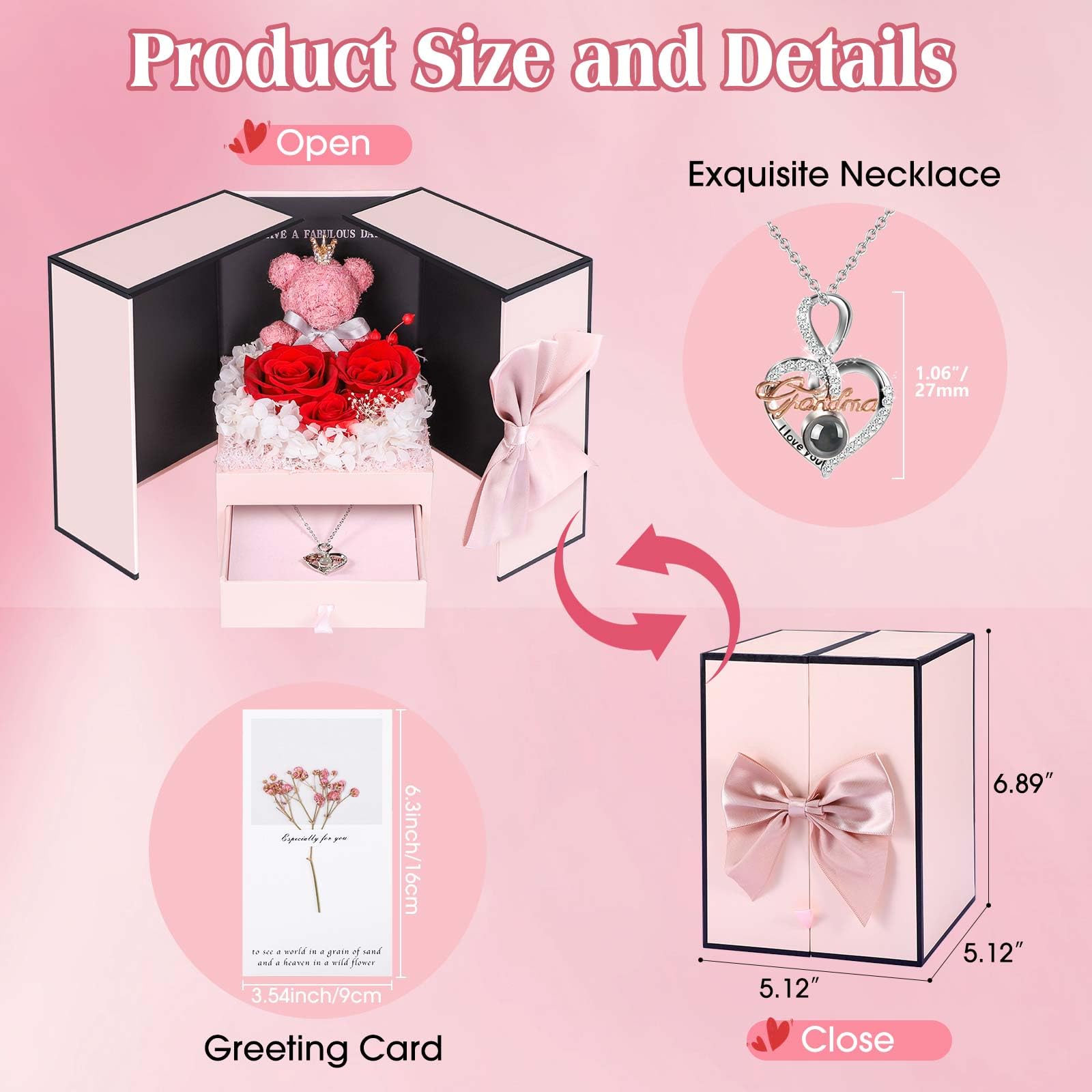 ADDWel Rose Gifts for Women Birthday Christmas - Preserved Real Roses Forever Red Flowers with I Love You in 100 Languages Necklace and Cute Moss Bear for Girlfriend Wife Mom Grandma
