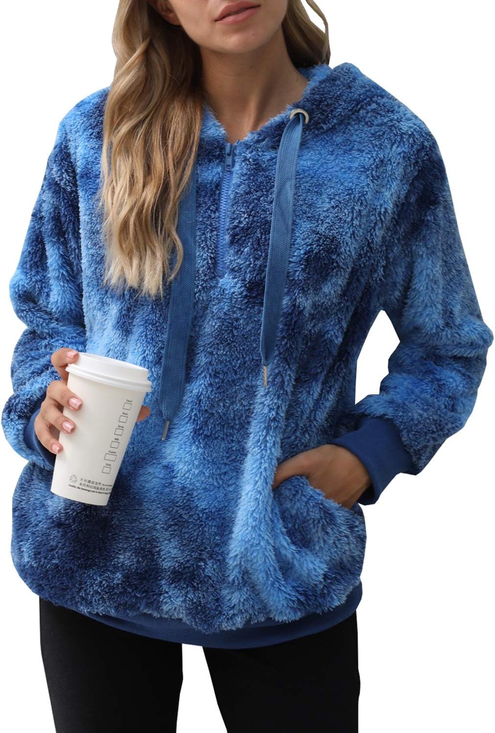 ReachMe Womens Oversized Sherpa Pullover Hoodie with Pockets Fuzzy Fleece Sweatshirt Plaid Fluffy Jacket Coat